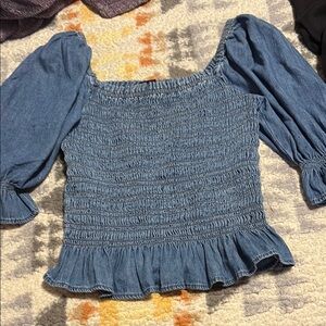 GAP Blue Puff Sleeve Smocked Blouse